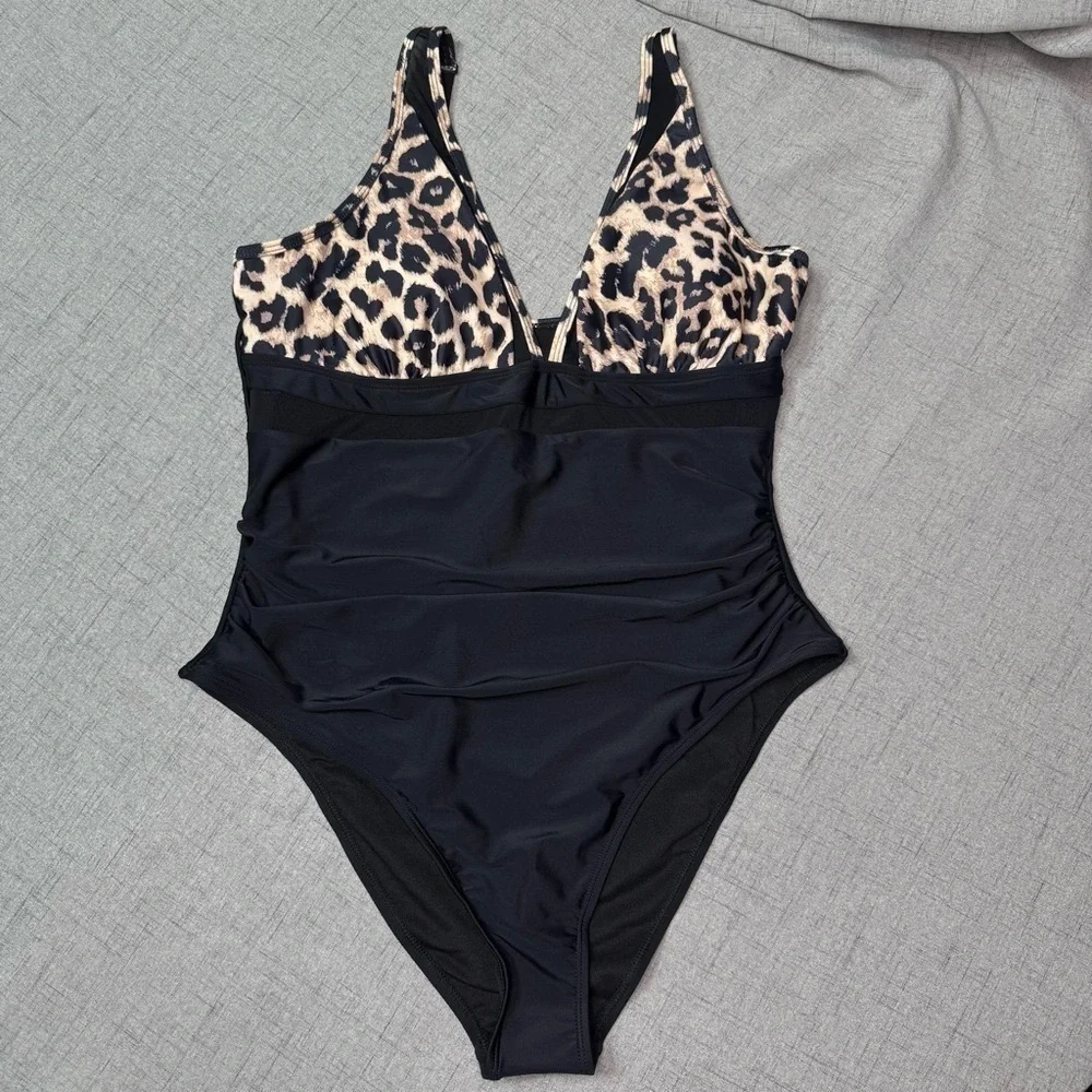 Black & Leopard Print Mesh One Piece Swimsuit Slimming Tummy Control L XL NWT - Picture 5 of 12